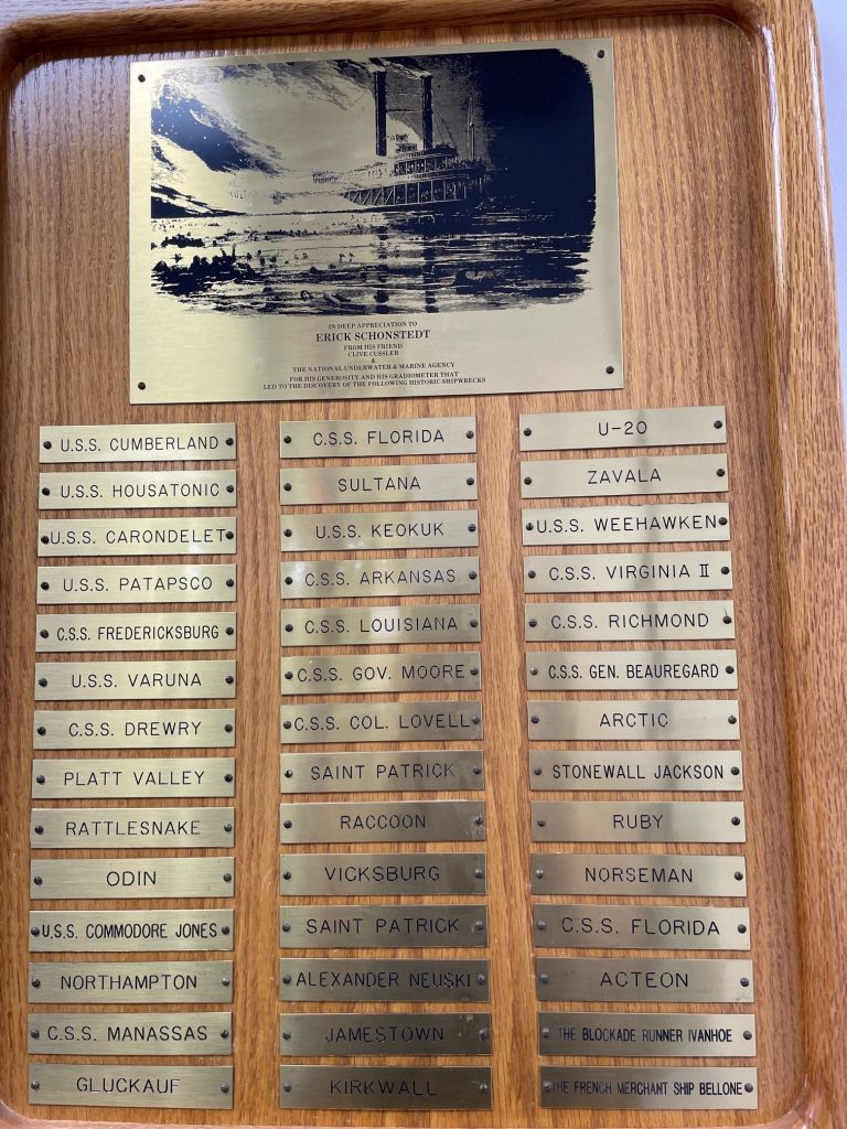Plaque given to Mr. Schonstedt by the National Underwater & Marine Agency